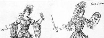 Armide projets de costumes par Jean Berain nymphe et héros pour Armide de Quinault et Lully, 1686